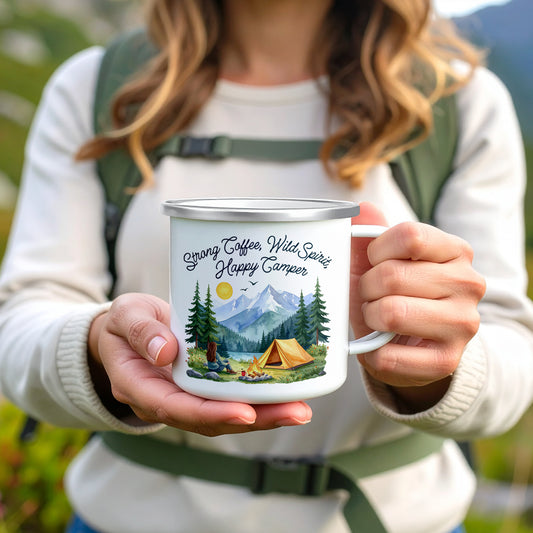 'Happy Camper' Enamel Mug