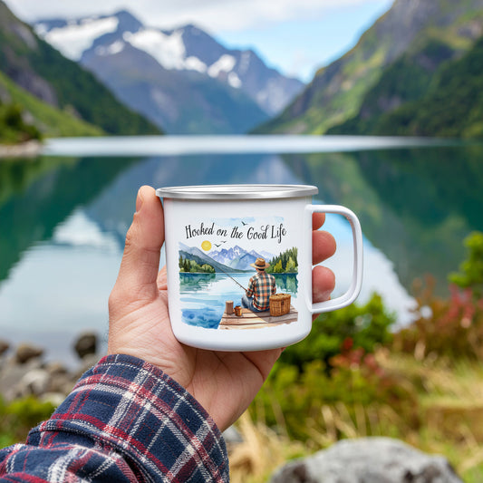 'Hooked on the good life' Enamel Mug