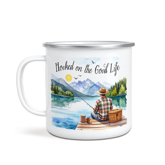 'Hooked on the good life' Enamel Mug