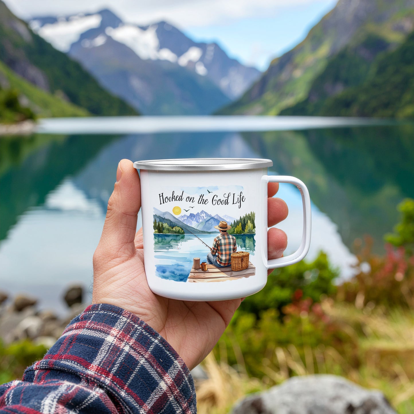'Hooked on the good life' Enamel Mug